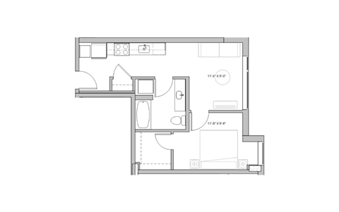 Floor plan for 1 bed, 1 bath, 561 sqft